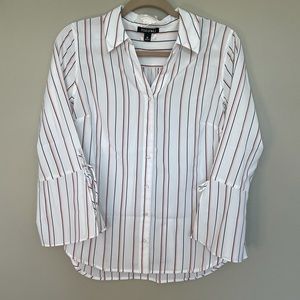 Roz & Ali Button down 3/4 Sleeve striped blouse pink black and white  Medium